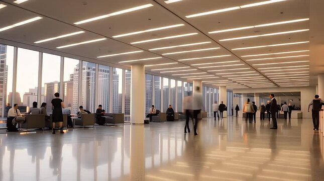 Professionals thrive in this modern office with a stunning city view, embodying innovation and productivity