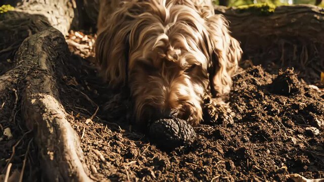 Lagotto Romagnolo dog vigorously digging in soil between tree roots to find a black truffle in a sunlit forest