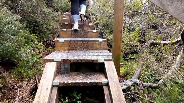Low-angle tracking shot follows a woman&rsquo;s lower legs and feet as she climbs stone stairs along an alpine hiking track at Cradle Mountain, Tasmania. Ideal for female solo travel campaigns & lifestyle. 