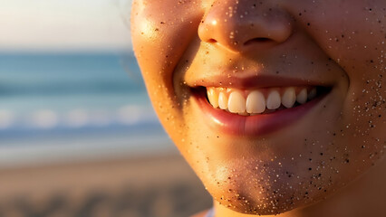 Obraz premium Closeup of a persons smiling face with freckles near the ocean