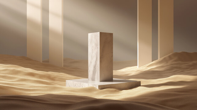 Stone finish podium standing on desert sand, beige background, soft shadows, minimal aesthetic, warm tones, product display, clean composition