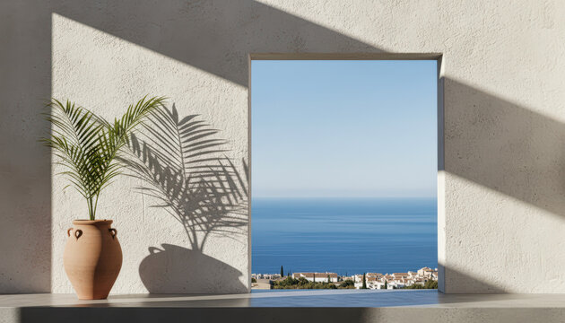 Minimalist Mediterranean Window View Over Ocean AI Generated