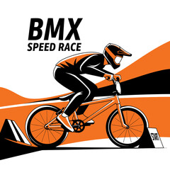Naklejka premium Dynamic BMX Rider Navigating Course Depicted With Bold Contrasting Orange and Black Elements
