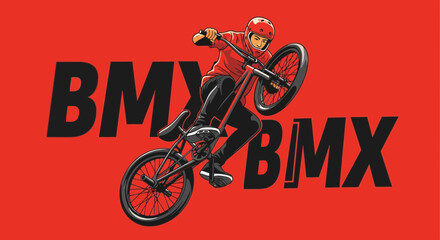 Naklejka premium Dynamic BMX Rider Performing a Stunt with Bold Typography on Red Background
