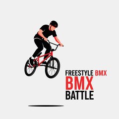 Naklejka premium Dynamic BMX Rider Performing Aerial Stunt Against Modern Backdrop: Adventure and Sports