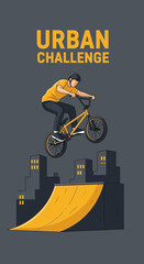 Fototapeta premium Dynamic Bmx Rider Performing Extreme Stunt Over Urban Cityscape Illustration