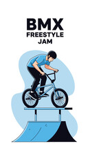 Naklejka premium Dynamic Bmx Rider Performing Extreme Freestyle Stunts On Ramp