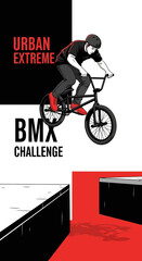 Naklejka premium Dynamic Bmx Rider Performing Extreme Stunts In Urban Environment Action Shot