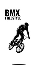 Naklejka premium Dynamic BMX Rider Performing Freestyle Stunt in Black and White Silhouette Design Concept