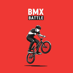 Fototapeta premium Dynamic BMX Rider Performing Stunt Against Vibrant Red Background Ready For Action