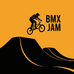 Fototapeta premium Dynamic BMX Rider Performing Stunt on Ramp with Vibrant Orange Background Design