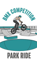 Fototapeta premium Dynamic Bmx Rider Performing Tricks In Skatepark Competition Scene