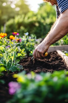 Gardener works in raised garden bed, preparing soil for planting while surrounded by green plants and colorful flowers
