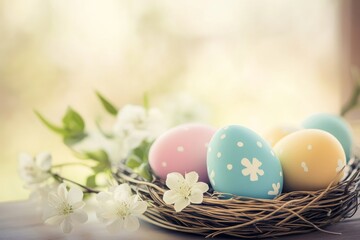 Obraz premium Vintage Easter background with colored eggs in a nest and white flowers placed in a natural setting during springtime