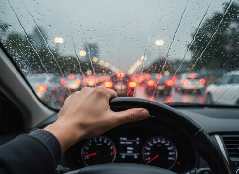 Driver's point of view through a wet windshield in heavy traffic during rainfall, red taillights blurring the scene.