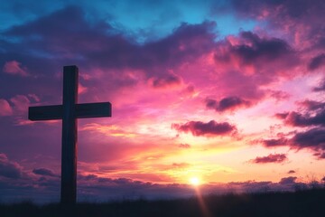 Christian easter symbol with cross against sunset sky in vibrant colors and cloud formations