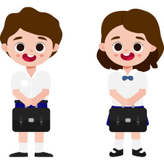 Obraz premium thai students in school uniform greeting sawasdee, cute cartoon element illustration
