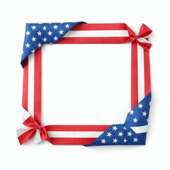 Fototapeta premium American Flag Frame: An elegant frame crafted from patriotic red, white, and blue ribbons, adorned with star-studded corners and delicate bows, perfect for celebrating freedom and national pride.
