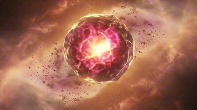 A glowing multifaceted object appears to float in a cosmic cloudy speckled space radiating a bright light