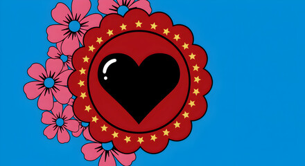 Stylized Heart Surrounded by Flowers and Stars on a Bright Blue Background