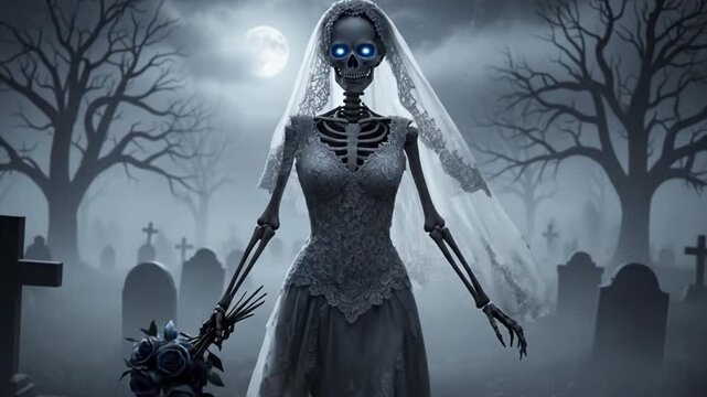 A spooky skeletal bride stands in a graveyard, a haunting figure with an unsettling glow. The scene evokes a chilling atmosphere of the undead and the macabre