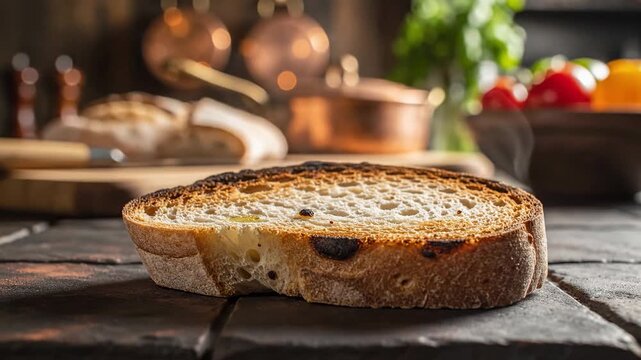 A slice of toasted ciabatta bread with a slightly charred crust resting on a dark surface, presented in a rustic kitchen setting.
