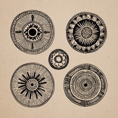 Black-and-white, circular, tribal-style designs arranged against a beige, textured background