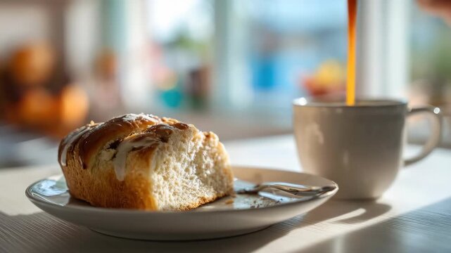 photo of close-up coffee cup and sliced bread on wooden table, warm tone and calm light