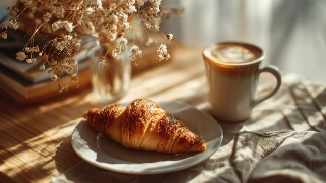 photo of bread basket, coffee cup and sunlight reflection on white tablecloth, calm warm tone