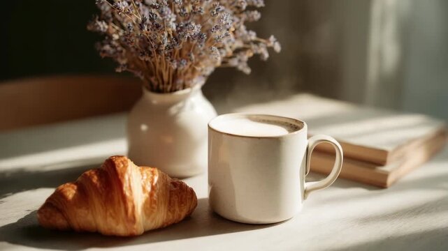 photo of bread basket, coffee cup and sunlight reflection on white tablecloth, calm warm tone