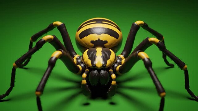 A detailed image of a wasp spider, with a yellow and black striped body, on a green background