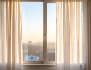 Obraz premium Bright morning light streaming through sheer white curtains in a tranquil room setting, evoking warmth and peace.