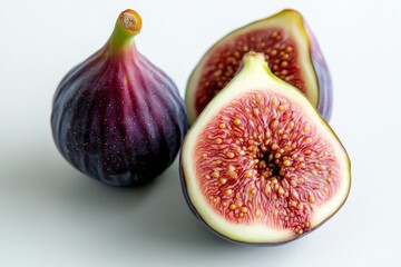 Juicy fig with sliced half showing red interior and tiny seeds on a white surface ready for tasting or cooking