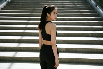 Obraz premium A stylish young woman in athletic wear stands on stairs, confidence and modern lifestyle trends. Ideal for fitness and fashion themes.
