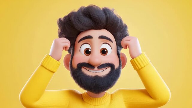 Thinking Man: A 3D rendered cartoon portrait of a thoughtful person on a vibrant yellow backdrop, head held with two hands. 