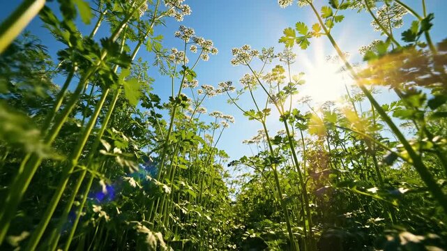 Coriander stems reaching upwards towards the bright sun and blue sky in an extreme wide shot, highlighting healthy growth and nature.