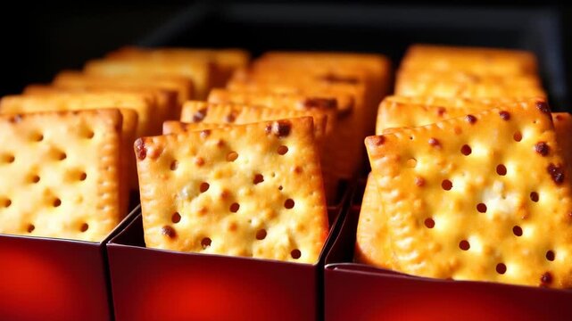 Golden Crackers in a Box: A close-up shot of golden-brown crackers neatly arranged in a red box, inviting viewers with their tempting textures and satisfying presentation.