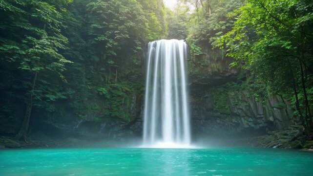Serene Waterfall: A mesmerizing waterfall cascades into a tranquil turquoise pool, surrounded by lush, vibrant greenery. A scene of pure natural beauty.