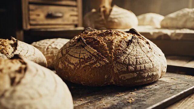 Hearty Sourdough Bread Rounds Cooling on a Dark Metal Tray in a Rustic Bakery Setting