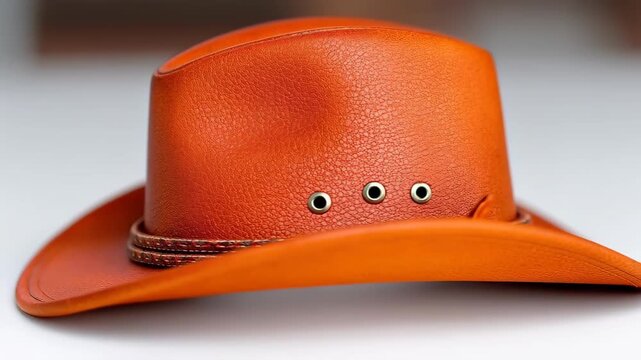 Vibrant Cowboy Hat: a close-up shot of a meticulously crafted, vivid orange cowboy hat, exhibiting classic design and rugged appeal.