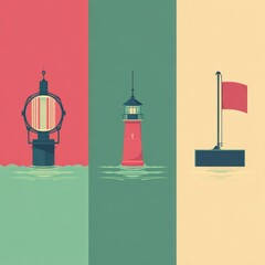Stylized illustrations of maritime navigation aids on vertical color panels