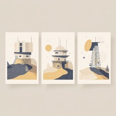 Three minimalist illustrations of structures atop hills with sky and ground details