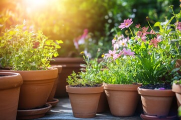 Flowers grow in pots under sunshine in a garden during spring and summer seasons with various plants and blooms