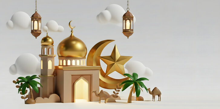 Charming 3D render mosque, golden dome, crescent moon, and hanging fanoos lanterns. Ideal for Ramadan Mubarak, Eid Al-Fitr greetings, cultural celebrations, and digital design projects.