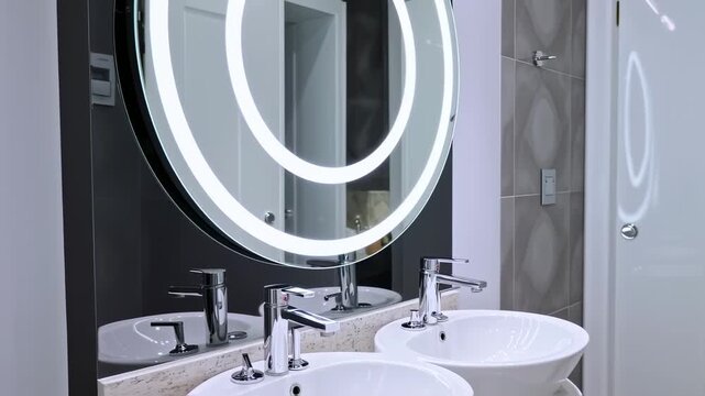 Modern bathroom with a circular backlit mirror and double sinks