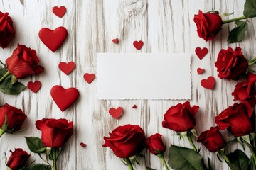 Happy valentines day greeting with red roses and heart decoration on a wooden table for love and celebration
