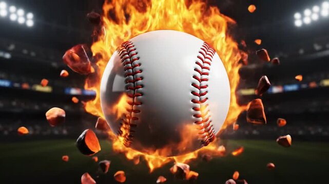 Baseball on fire at stadium.