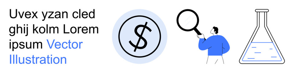 Fototapeta premium Business analysis, finance, research, scientific developments, economic strategies, data examination. Circular dollar symbol, magnifying glass figure laboratory flask. Business analysis and finance