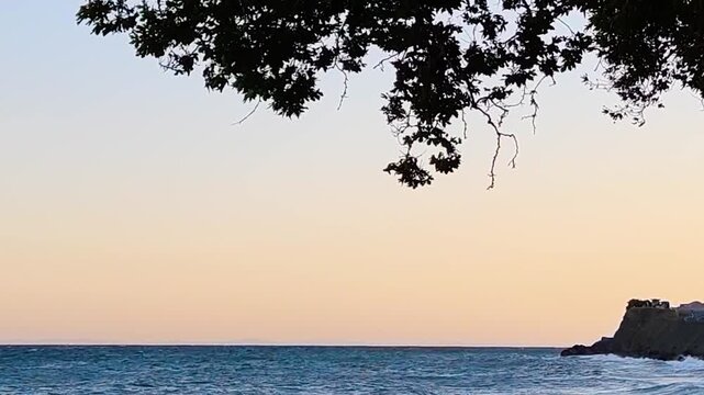 Calm Sea Waves at Sunset with Silhouetted Tree Branches in the Foreground and a Rocky Cliff in the Distance, Ucmakdere Beach, Tekirdag, Turkey - Peaceful Coastal Landscape