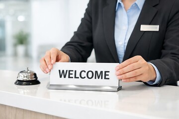 Obraz premium Business hotel receptionist holding welcome sign for guest check-in and hospitality concept of customer service, professional greeting, hospitality industry
